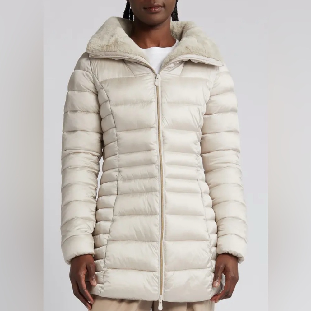 Save the Duck Caroline Water Repellent Satin Puffer Jacket Rainy Beige Faux Fur